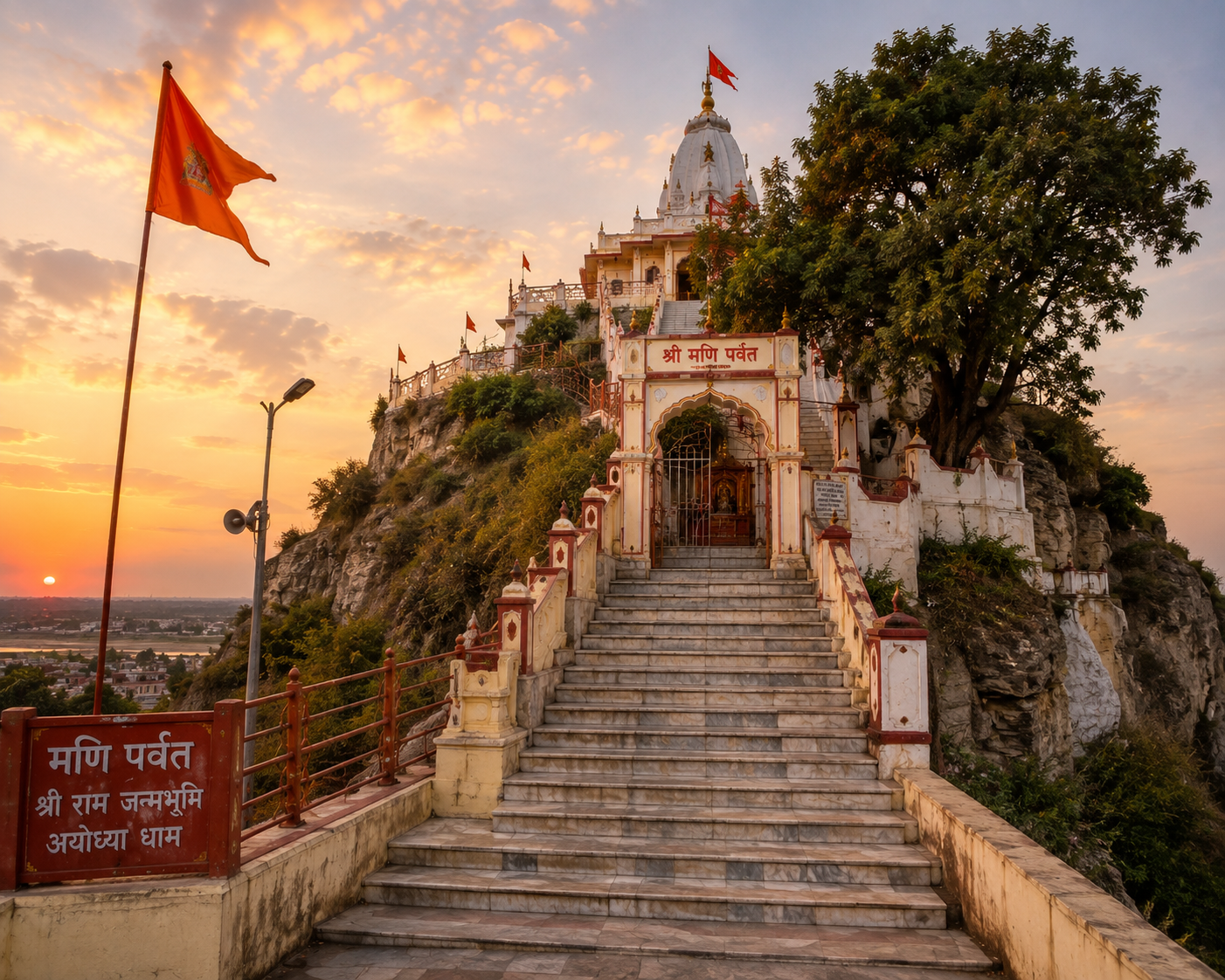 Mani Parbat hill with temples and an ancient stupa in Ayodhya